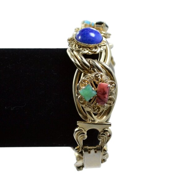 Vintage Gold Tone Bracelet Natural Stones Rope Design Clasp 1950s Statement - Picture 5 of 8